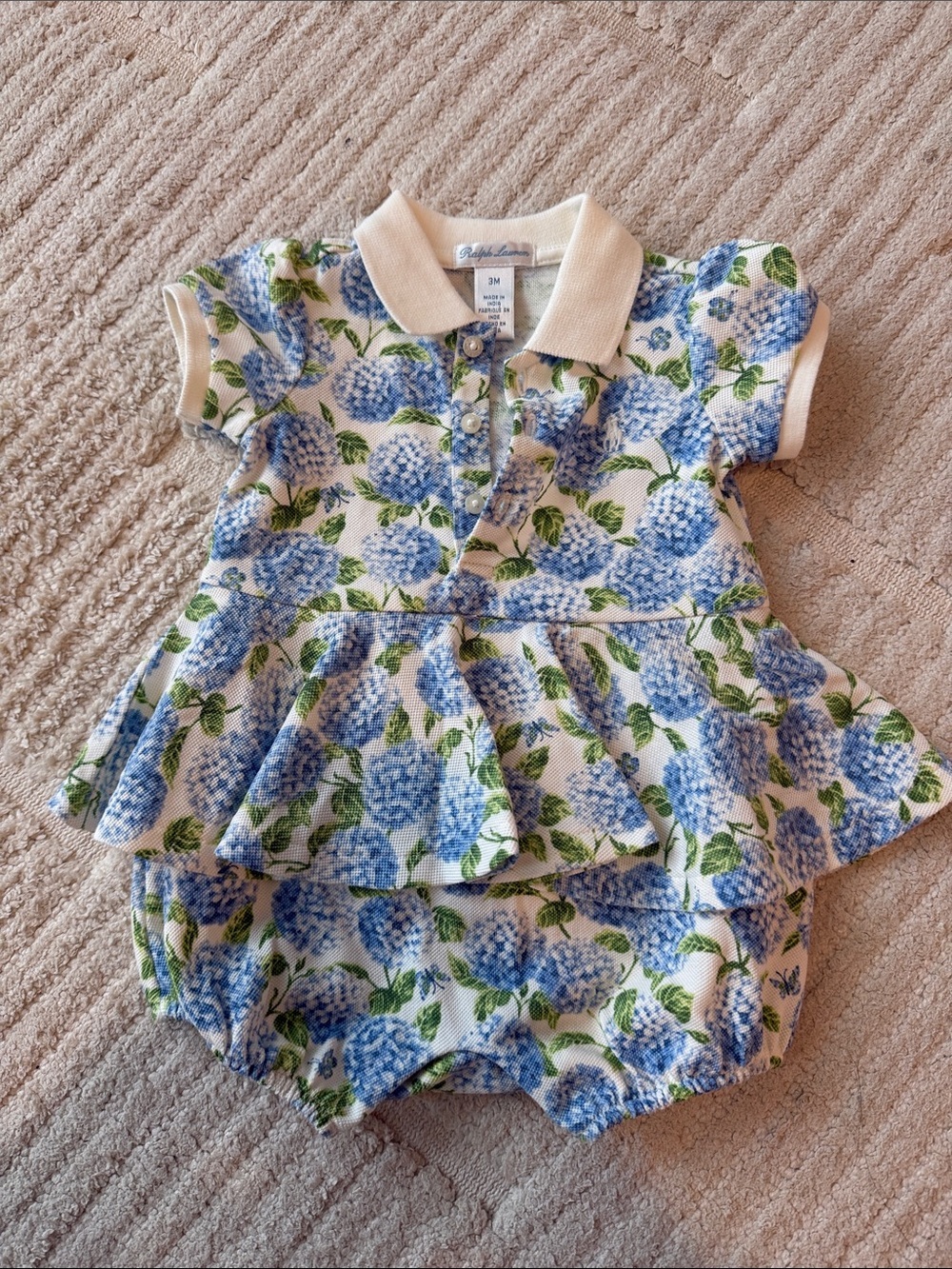Ralph Lauren Blue Hydrangea Polo Romper with Cream Trim